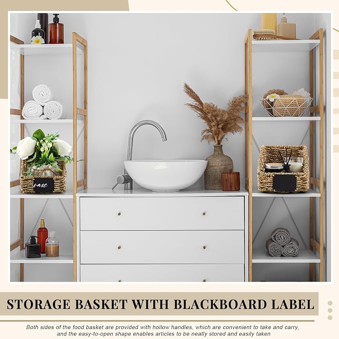 4 Pcs Natural Seagrass Storage Baskets Set Stackable Handwoven Wicker Storage Bins with Chalkboard Label Built-in Handles Woven Container Basket Kitchen Baskets for Shelves - Image 5