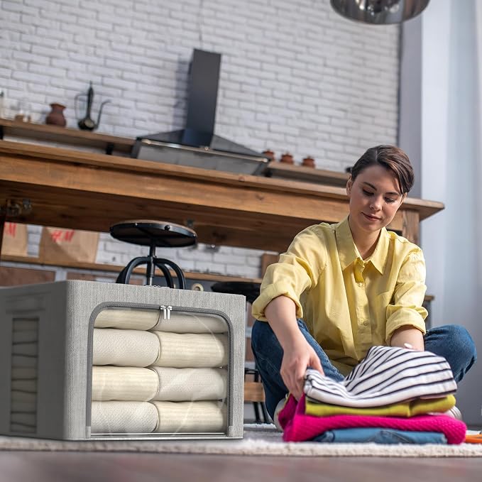 FHSQX 2Pack Clothes Storage Bins, Light Gray, 15.7x11.8x9.8 Inch | Stackable, Linen Fabric, Foldable Container Organizer, Carrying Handles - Image 5