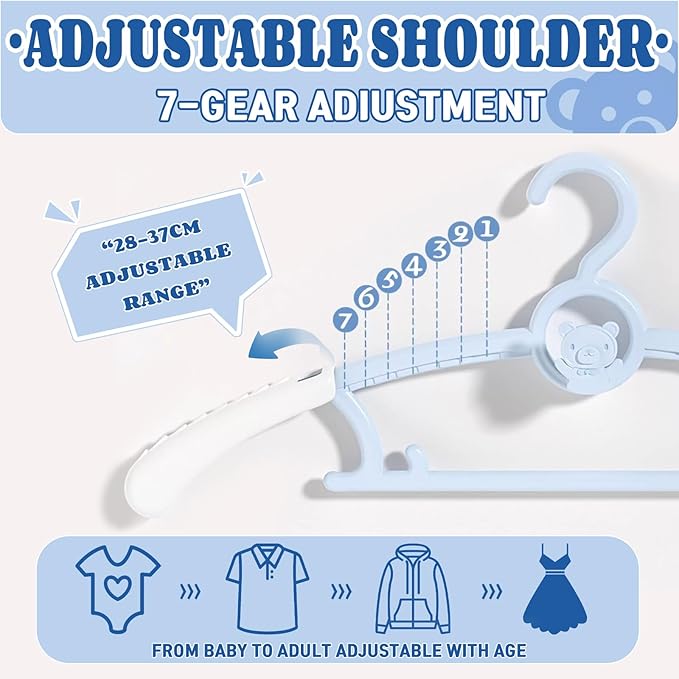 Baby Clothes Hangers 20 Pack, Plastic Kids Hangers Space Saving for Closet | Blue Hanger for Toddler Girl and Boy - Lightweight Anti-Slip Cascading Padded Extendable Adjustable Pant Bear Children Hangar - Image 3