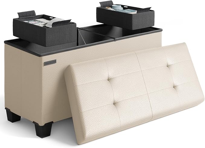 Storage Ottoman Bench with Bins, 30-in Storage Bench for Bedroom End of Bed, Folding Foot Rest Ottoman for Living Room Max 660lbs, Leather Ottomans, Beige by STORAGEBUD