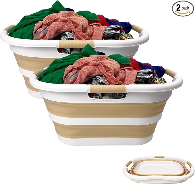 SAMMART 40L (10.5 gallon) Set of 2 Collapsible Plastic Laundry Hamper - Foldable Pop Up Storage Container/Organizer - Portable Washing Tub - Space Saving Basket (2, White/Beige) by SAMMART