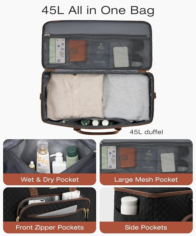 Travel Duffle Bag, Wide Open Large Weekender Bag for Women with Shoe Compartment, Carry on Overnight Bags with Toiletry Bag, Hospital Bag for Women Labor Delivery with Wet Pocket (Black Brown) - Image 2