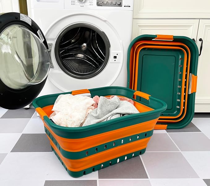 SAMMART 42L (11 gallons) Set of 2 Plastic Foldable Storage Basket/Container - Collapsible, Space Saving and Portable Laundry Hamper, Ideal for Home, Travel, Dorm (2, Teal Green/Autumn leaf) - Image 4