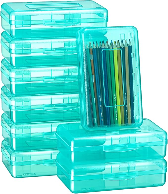 Fainne 24 Pack Clear Plastic Pencil Box,Cyan | Stackable Organizer for School Supplies, Large Case for Crayons Markers, Snap-lid Keeps Stationery Secure, Bulk Set by Fainne