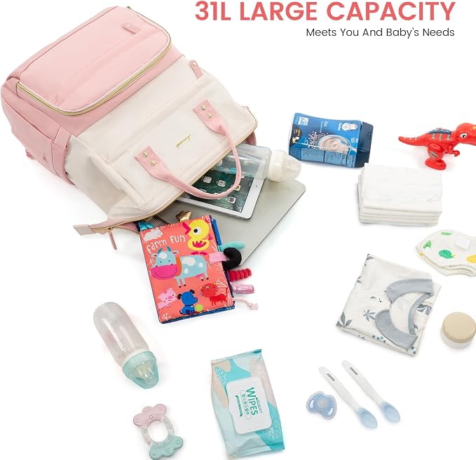 LOVEVOOK Diaper Bag Backpack, Baby Bag with Changing Station, Large Diaper Backpack for Moms Dads, Waterproof Leather Accents Baby Boy and Girl Bag for Travel Baby Essentials, Pink-Beige - Image 8