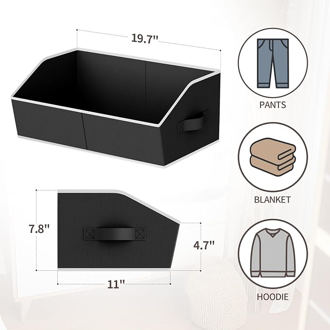 Storage Bins for Shelves - Large Trapezoid Closet Shelf Organizer, Fabric Organization Bins with Handles, Storage Baskets for Clothes, Towel, Blanket, 6 Pack, Black - Image 5