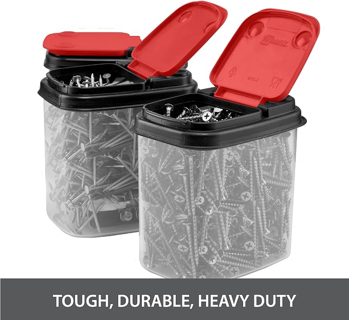 Buddeez Stackable Hardware Storage Bins, 1 Quart, 12-Pack, Red Lids | Clear bins for easy visibility, Stackable lids, Organizes nuts, bolts, screws and small parts, Workshop or garage storage - Image 3