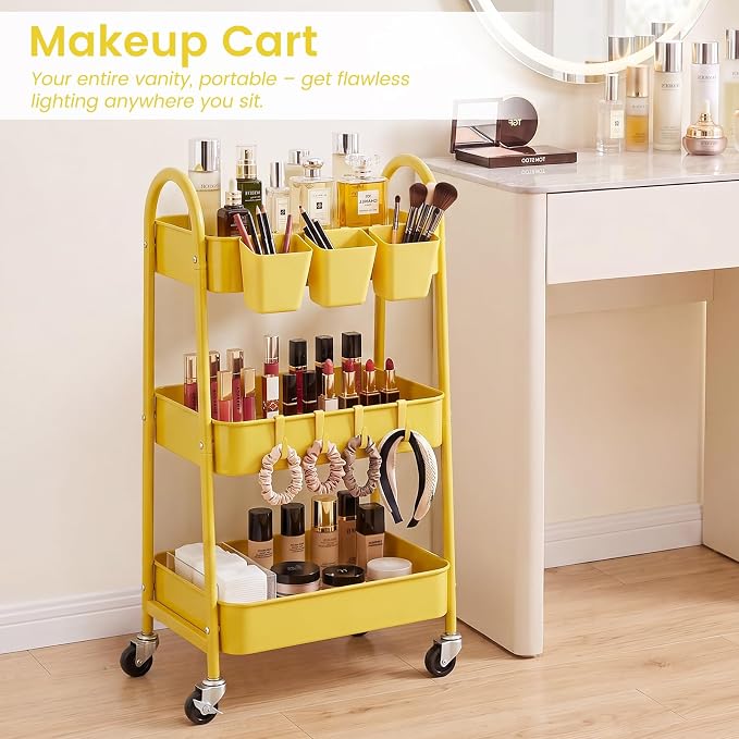 danpinera 3-Tier Rolling Cart, Utility Cart Mobile Metal Rolling Storage Cart with Lockable Wheels & Hanging Cups & Hooks for Kitchen, Bathroom, Office, Workshop, Yellow - Image 6
