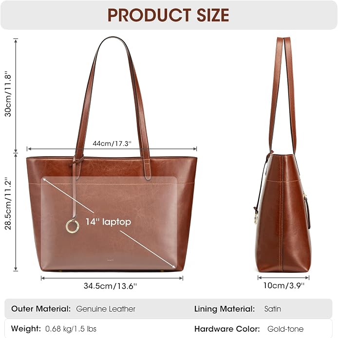Kattee Vintage Genuine Leather Work Tote for Women | Spacious interior with a zip compartment for organized work, travel, and everyday essentials. - Image 5
