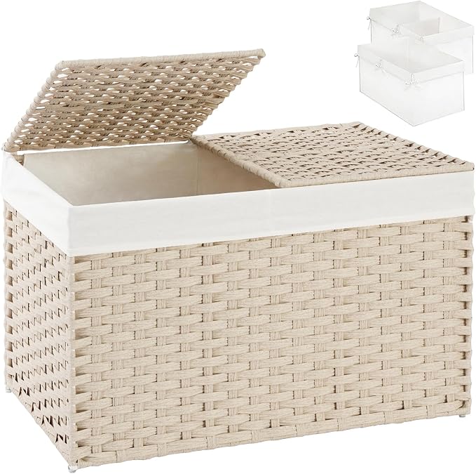 SETVSON Storage Basket with Lid 160L Wicker Baskets Storage Light Khaki | Divided Clothes Organizer,42.3 Gallon Dual Lid Jumbo Blanket Storage Trunk, 2 Washable Liner Bags, Collapsible PE Rattan Bin by SETVSON