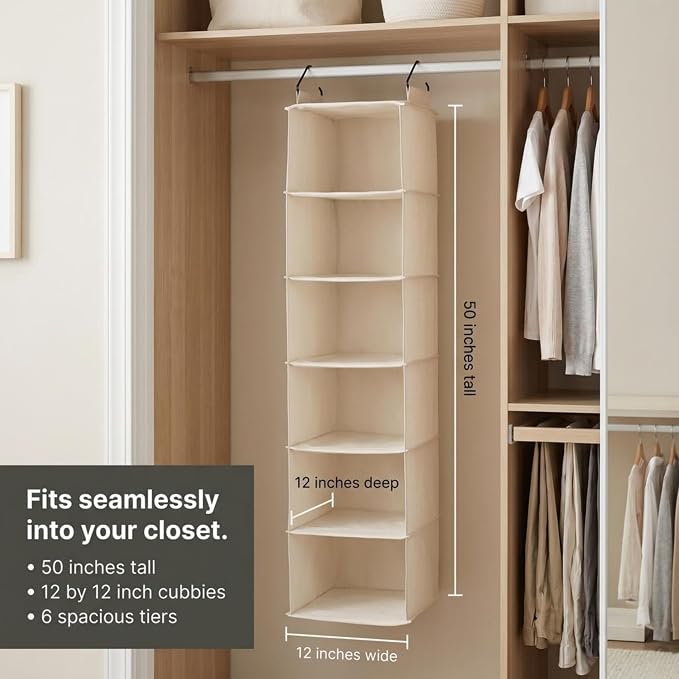 Household Essentials Cedarline 6‑Shelf Hanging Closet Organizer in Heavy‑Duty Cotton Canvas, Cream - Image 3