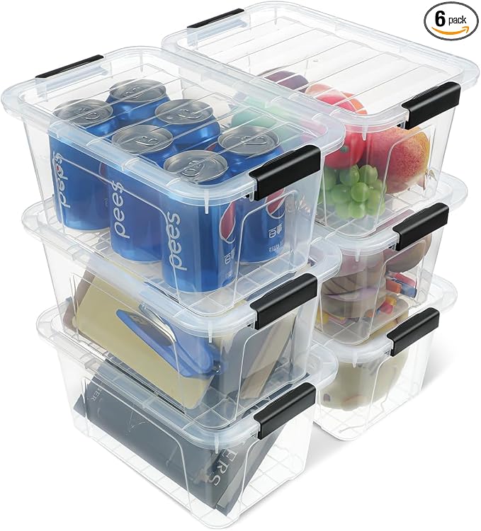 EOENVIVS Plastic Storage Bins with Lids 6 Pack, 7 Quart Storage Containers With Black Buckle Latch, Stackable Storage Organizers for Home Pantry Office Classroom Organization, Clear by EasyCozyHomey
