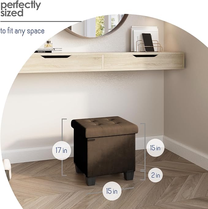 Storage Ottoman Cube with Small Bin, 15-in Square Ottoman with Storage for Living Room and Bedroom, Small Ottomans Foot Rest, Velvet Foot Stools Ottomans Max 330lbs, Brown - Image 9