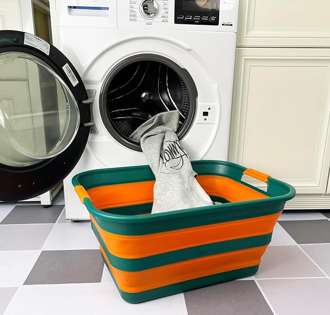 SAMMART Collapsible Plastic Laundry Basket with Handle/Foldable Pop Up Storage Hamper/Portable Laundry Organizer-Space Saving Washing Tub/Household Storage (Teal Green/Autumn leaf, 42L) - Image 2