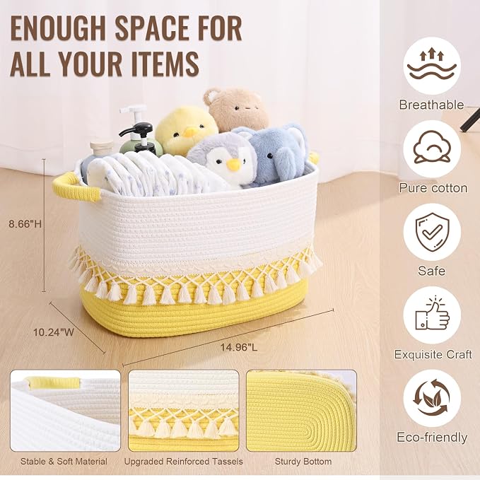 2 Pack Storage Basket for Shelves, Boho Cotton Rope Storage Bins with Heavy Tassel, Shelf Baskets Large Woven Baskets for Organizing, Cube Organizer Bins, Baby Laundry Basket for Clothes, Toys, Pets - Image 4