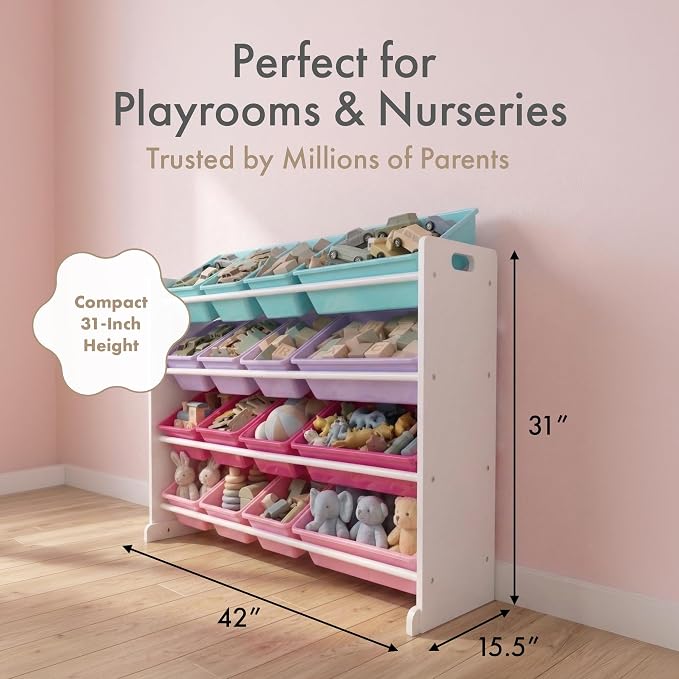 Humble Crew Kids Toy Organizer with 16 Bins, 4 Tier Storage for Playroom | Sturdy wood and steel toddler shelf, removable BPA-free containers, wall anchor anti-tip safety kit for bedroom or classroom - Image 6