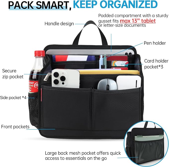 Small Rugged Organizer Insert for Briefcase Tote Shoulder Messenger Bag-19 Pockets,Padded Water-repellent Nylon-Yellow - Image 3