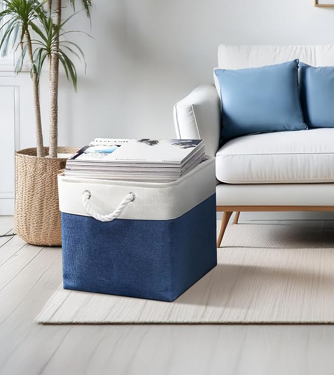 DECOMOMO Cube Storage Bin 13x13 with rope handles, Kallax Storage Cubes | 3 Pack, Fabric Storage Bins for Organizing Clothes, Toys, Books (Navy Blue & White) - Image 6