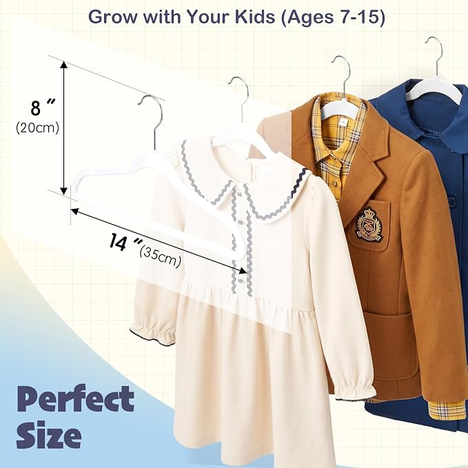 HOUSE DAY 14 Inch Kids Velvet Hangers 50 Pack, Durable Big Kid Hanger White | Children Hangers for Youth, Teen, Non Slip Kids Felt Hanger, Cute Small Hanger for Closet, Ideal for Everyday Use - Image 3