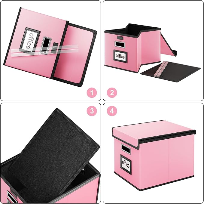 File Organizer Box with Lids, Collapsible File Folder Organizer | File Box with Plastic Slides for Document, Filing Bin for Letter Size Hanging File Folders (2 Pack, Pink, Leather) - Image 7