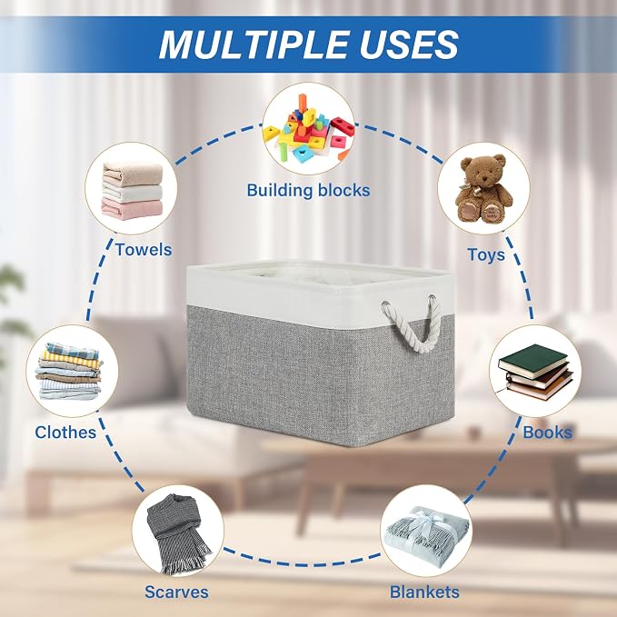 Temary Storage Baskets 4Pack Fabric Storage Bins Clothes Baskets with Rope Handle, Decorative Basket for Gift, Blankets (White&Gray,15x11x9.5 inch) - Image 3