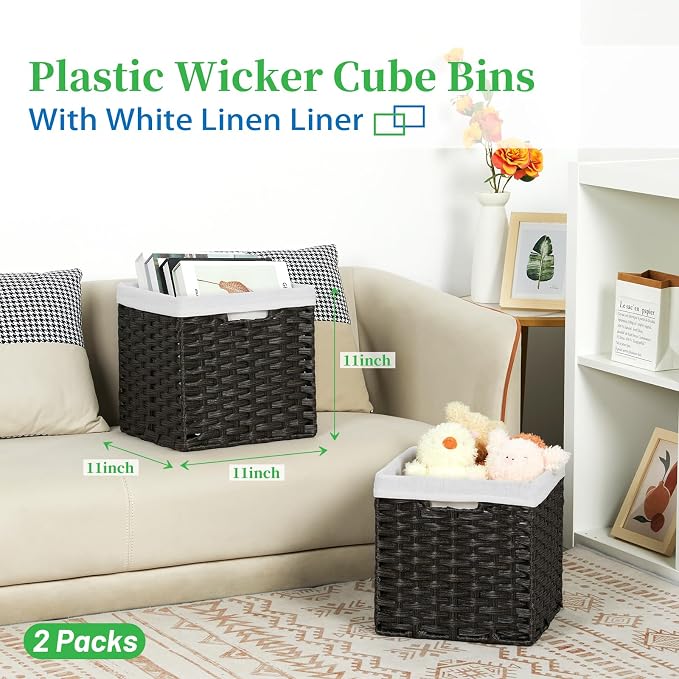 Bidtakay Wicker Cube Baskets with Liners 11 inch 2 Pack Waterproof Imitation Hand-Woven Wicker Storage Baskets for Shelves and Organizing Pantry and Bedroom Blackish-tan - Image 2