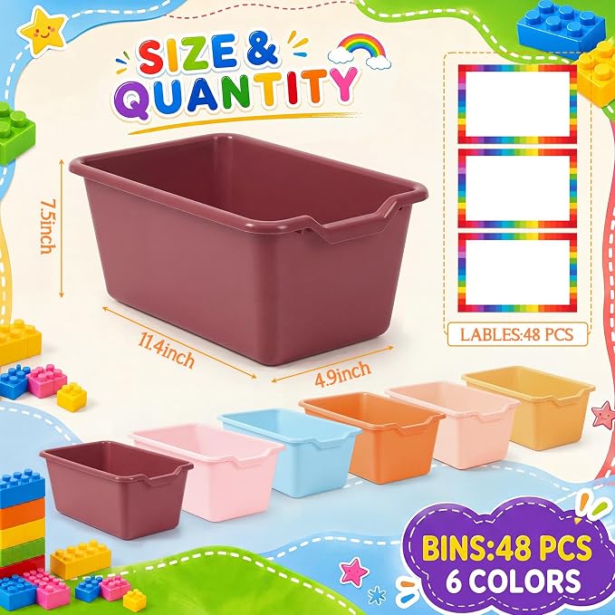 Funrous 48 Pack Plastic Cubby Bins for Classroom, Stackable Storage Bins with Rainbow Labels and Handles Cubby Organizer Containers for Teacher Supplies Home Office Daycare and Playroom (Orange) - Image 2