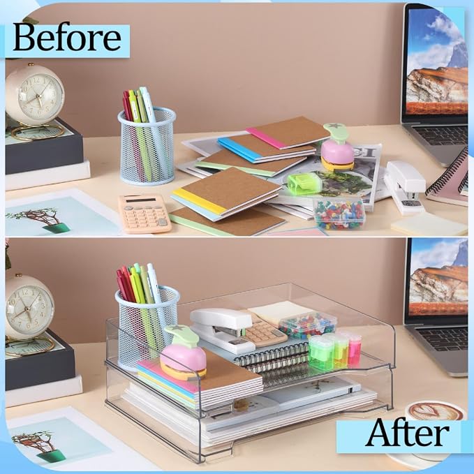 DoubleFill 2 Pcs Stackable Letter Tray Plastic Paper Tray, Clear | 13 x 9.5 x 2.6 In, Rectangular, Paper Holder, File Tray for Desktop Office Desk Drawers - Image 5