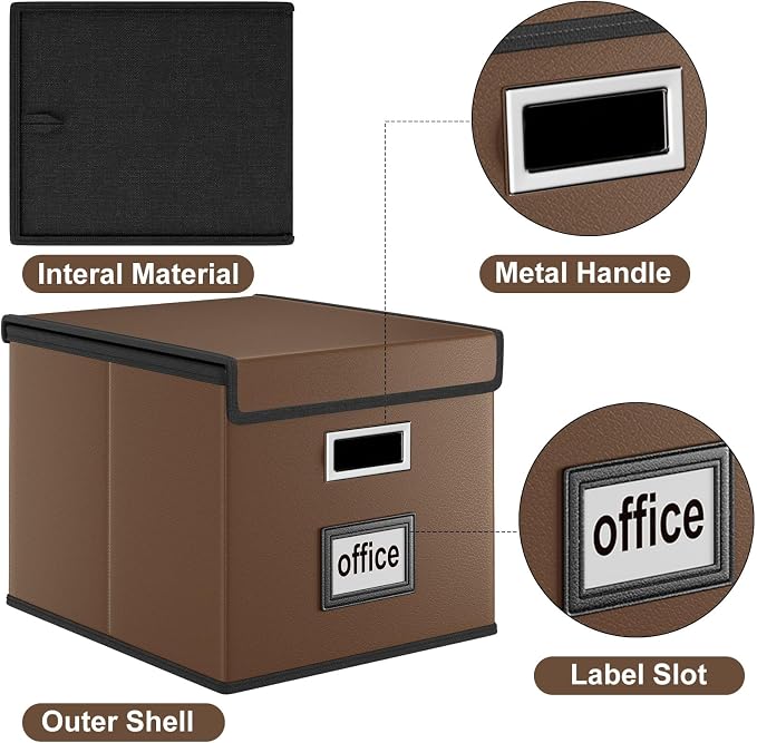 File Organizer Box with Lids, Collapsible File Folder Organizer | File Box with Plastic Slides for Document, Filing Bin for Letter Size Hanging File Folders (4 Pack, Dark Brown, Leather) - Image 2