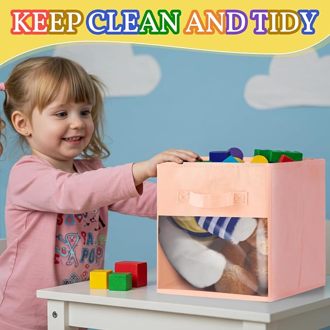 Marsui 12 Pcs Clear Cube Storage Bins Pink Collapsible Kids Storage Bins Fabric Classroom Organizer with Window for Kid Playroom Room Daycare Nursery(Pastel) - Image 3