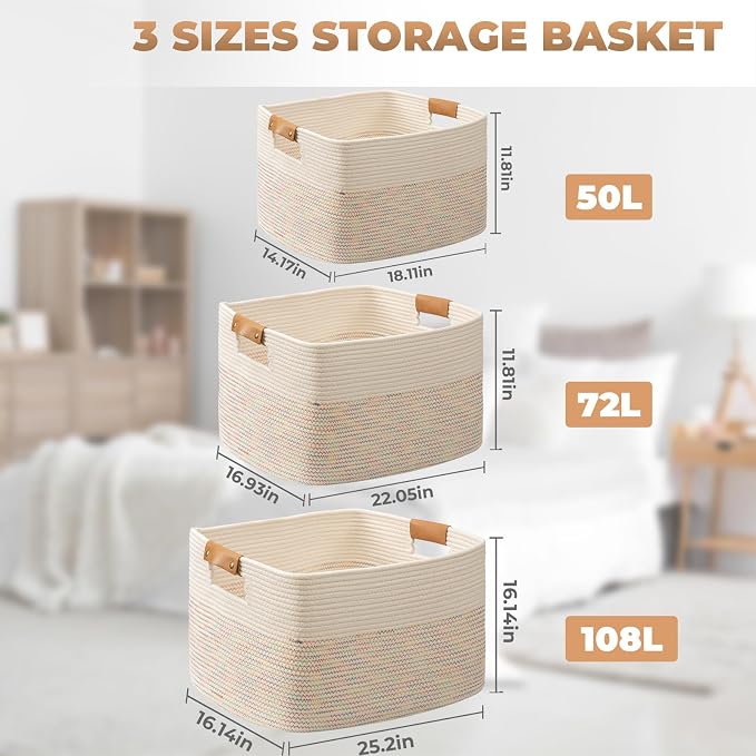 108L Large Basket for Living Room, Boho Decorative Basket Organizing with Handles, Cotton Rope Storage for Toys, Pillows, Clothes, 25’’*16’’*16’’ Rainbow - Image 7