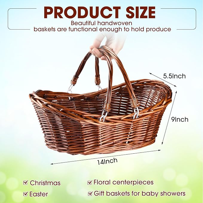 Wesiti 6 Pcs Wicker Picnic Basket with Handle, Hand Woven Harvest Basket Bulk, Wicker Flower Hoppet for Storage, Picnics, Easter, Organizing, Egg Gathering, Candy, Wedding(Dark Brown) - Image 2