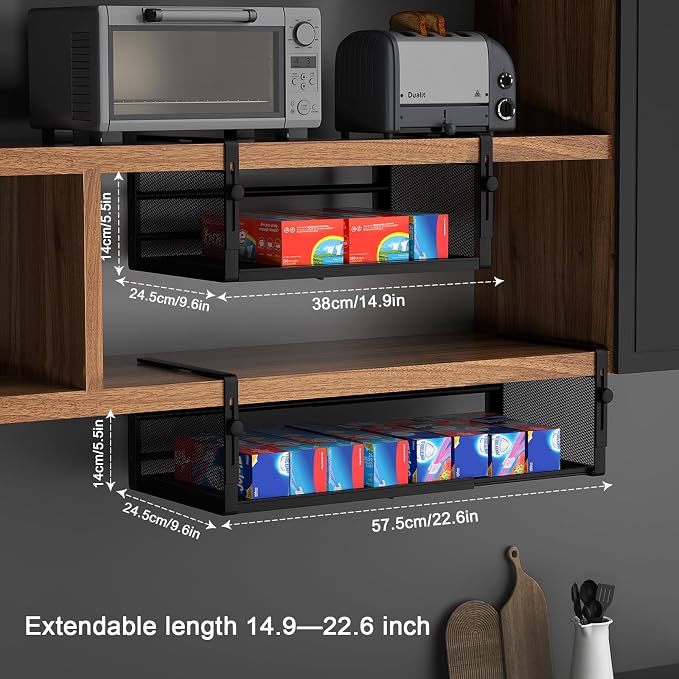 AmonHouseware 2Pack Expandable Under Shelf Storage Basket Organizer,Black | Adjustable Hanging,Length Stretchable14.9-22.6Inch,Under Cabinet Shelf for Laundry Room Kitchen Pantry Desk Counter Cupboard - Image 2