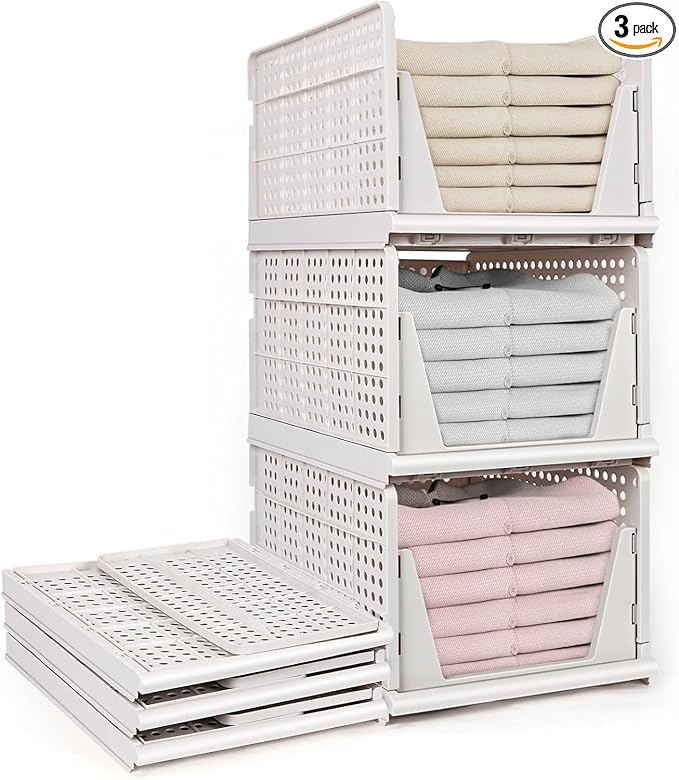 yazi 3 Pack XL Foldable Plastic Closet Storage Bins | Stackable Storage Organizer for Clothes, Perfect for Closet Shelf Use to Keep Bedroom Wardrobe Neat and Well Arranged by yazi-Be+the+designer+of+your+life