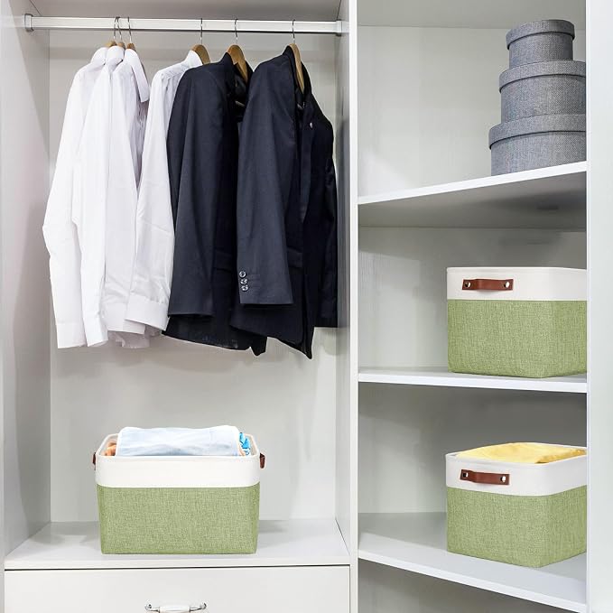 Storage Bins Large Fabric Storage Baskets for Shelves 3 Pack, Decorative Linen Closet Baskets with Handles for Organizing, Shelf, Clothes, Home, Office, 15x11x9.5Inches (Green&White) - Image 2