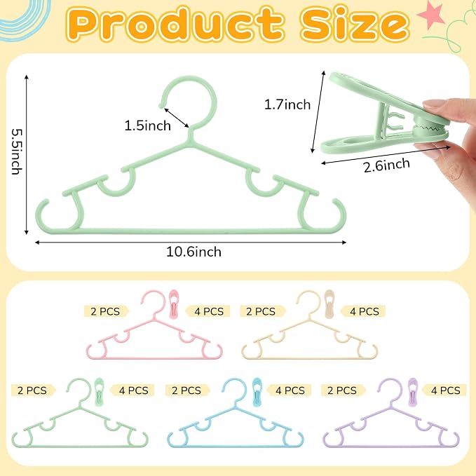 Hsei Baby Hanger with Clip for Pant,30 Packs Total,Macaron Color,10.6 Inch | 10 Kids Plastic Hanger with 20 Clips for Newborn, Nursery, Daycare, Preschool, Closet, Wardrobe Organizer for Baby Shower - Image 2