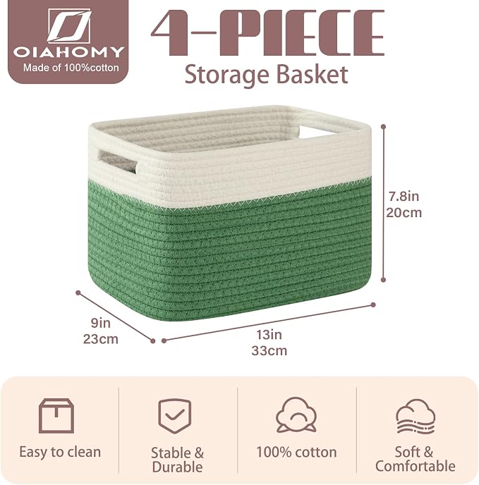 OIAHOMY 4 Pack Storage Basket, 13"x9"x7.8" Cotton Rope Baskets for Shelves, Closet Organizer for Bedroom & Living Room, Soft Decorative Bins for Organizing Towels, Books & Toys, Olive Green & White - Image 2