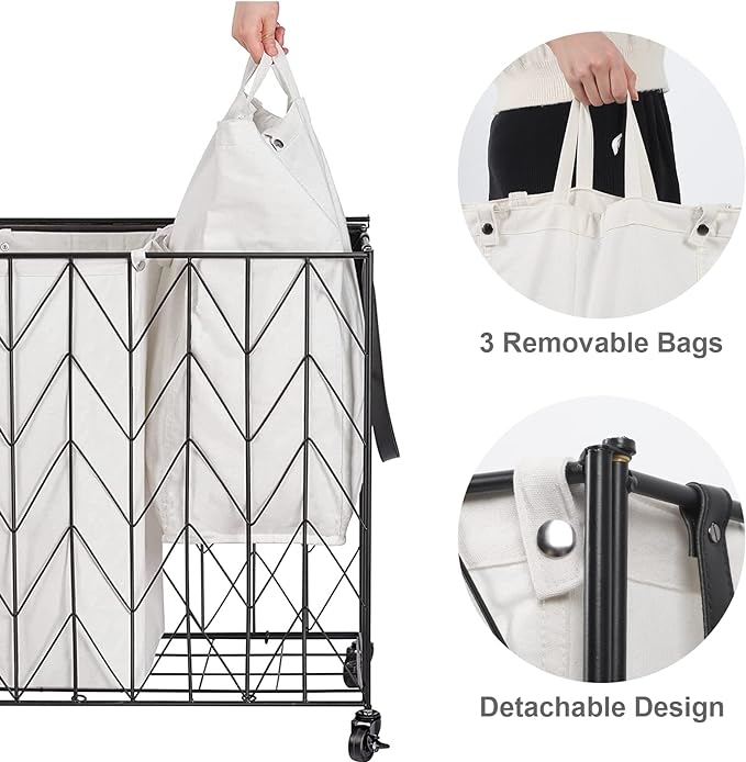 WOWLIVE Laundry Hamper 3 Section with Lid, 142L Laundry Basket with Wheels | Rolling Dirty Clothes Hamper with Removable Bags, Large Iron-Made Laundry Basket Organizer Laundry Sorter for Dorm, Beige - Image 5