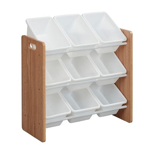 ECR4Kids 3-Tier Organizer with 9 Removable Plastic Bins, 3x3, Toy Storage, Dark Natural/White | Durable plastic bins, MDF panels, steel frame, GREENGUARD Gold Certified, 27 lb capacity, anti-tip kit, playroom/classroom by ECR4Kids