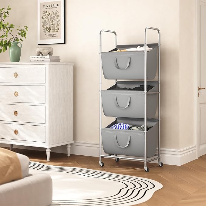 ELYKEN 3-Tier Vertical Rolling Laundry Hamper with Wheels & Removable Bags | 120L Capacity, Space-Saving Design, Locking Casters, 3 Section Laundry Sorter for Apartments, Small Spaces, Closet, Dorm - Image 2