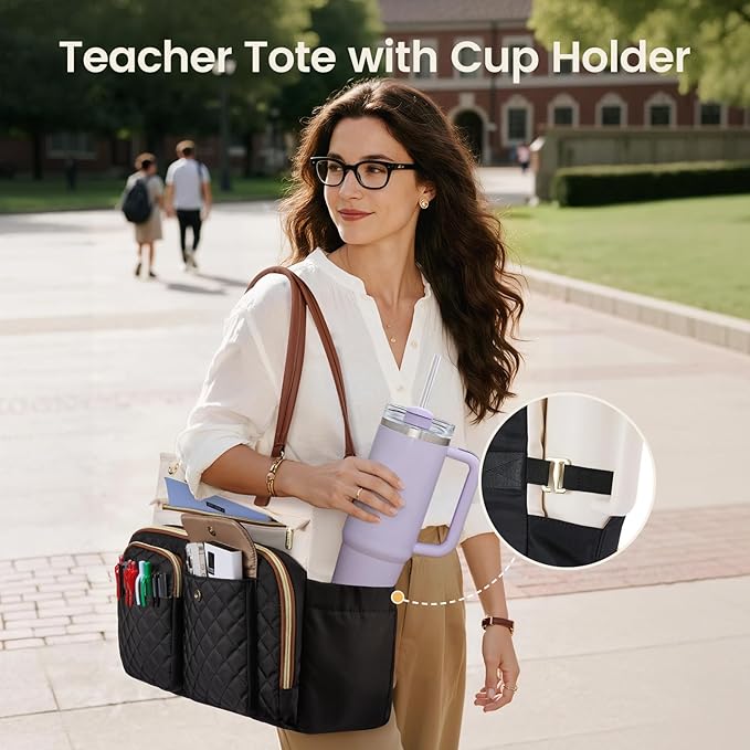 LOVEVOOK Tote Bag for Women, Nurse Bag with Large Cup Holder, Large Capacity Teacher Tote with Multi Pockets, Water Resistant Nurse Diaper Tote Fit 15.6 Inch Laptop for Work, 15.6 Inch - Image 4