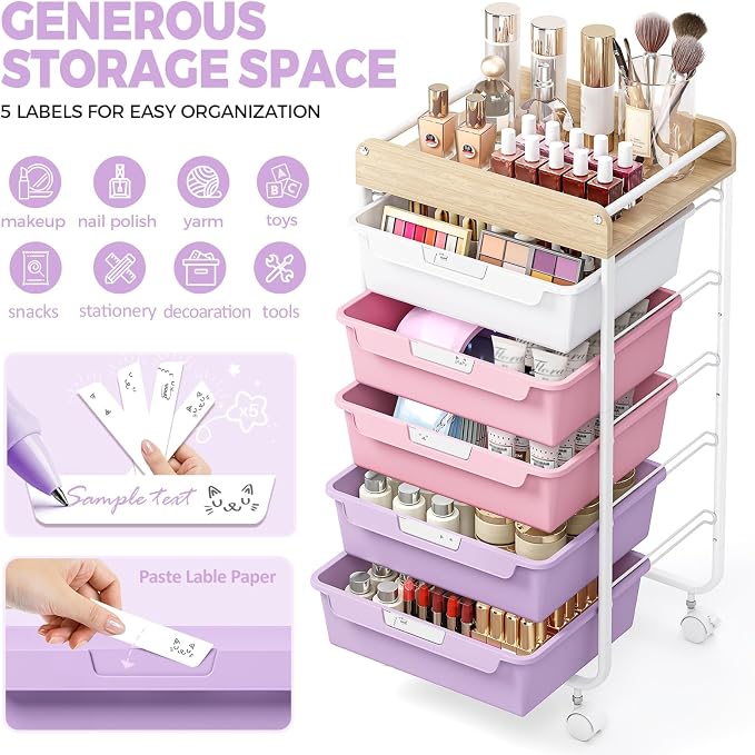 SYKIARIOL Rolling Storage Utility Cart with 5 Drawers,Purple | Craft Cart with Wheels,Makeup Organizer,Art Supply And Storage Wooden Tabletop - Image 3