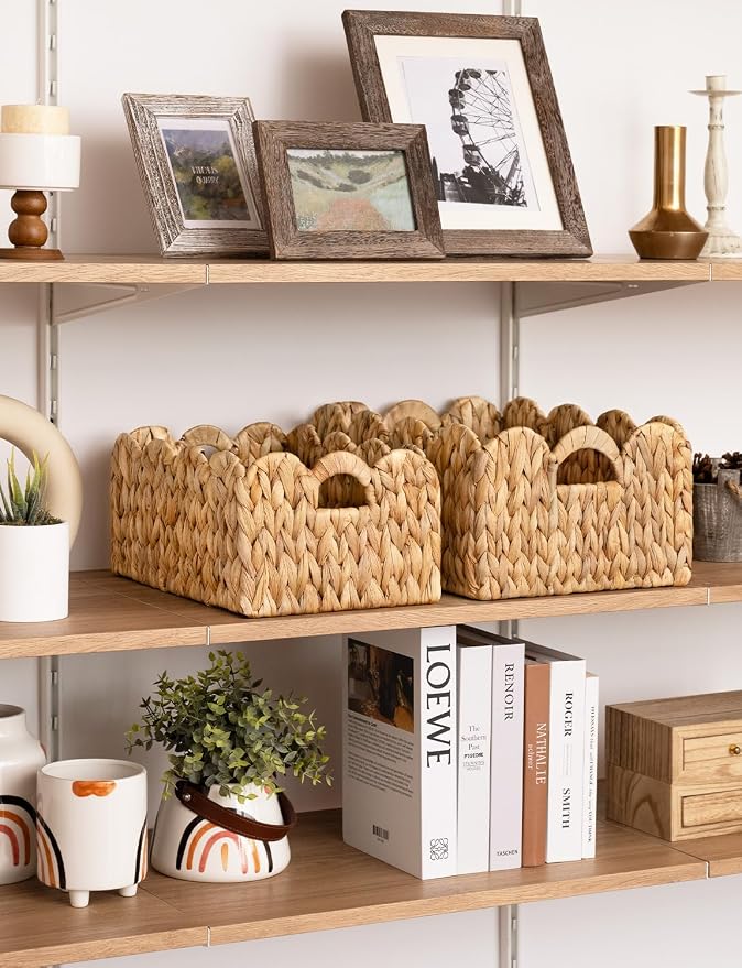 StorageWorks Scalloped Edge Wicker Basket, Hand-woven Rattan Baskets with Built-in Handles, Water Hyacinth Basket for Organizing and Decor, 2 Pack | Woven Baskets for Storage, Wicker Storage Baskets for Shelves, Large Wicker Basket, Shelf Basket with H... - Image 6