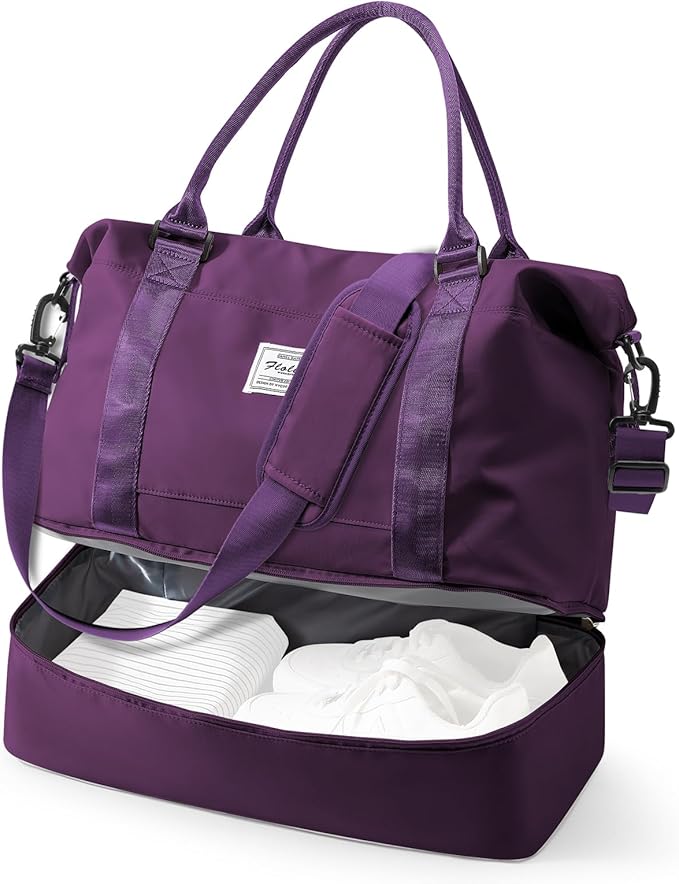 Travel Duffel Weekender Bag Women Tote Carry On Bags With Shoe Compartment | 18x14x8 inches Travel Overnight Bags with Trolley Sleeve for Airplanes Sport Tote Gym for Men Lightweight Daypack DeepPurple by VECAVE