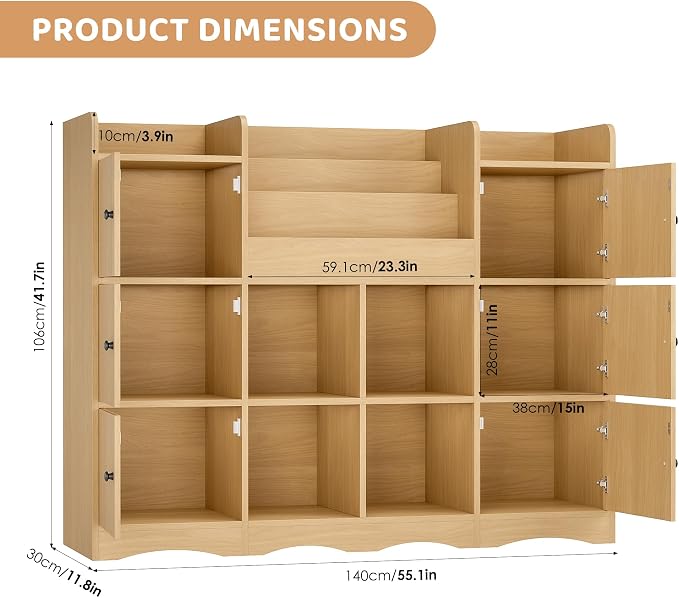 Toy Organizers and Storage with 10 Cubbies and 4 Tier Bookshelf | 55" Large Kids Bookshelf Toy Organizers and Storage with Raised-Edge Top Shelf, Playroom Storage and Toy Chest, Natural - Image 2