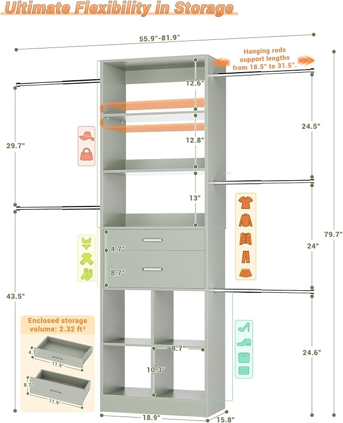 Small Closet System, 3.2-6.8FT Small Closet Organizer with 2 Wooden Drawers & 5 Hanging Rods, Can Fit 37.5 to 81.9 inch Walk-in Closet System, Built-in, Crab Green, Enclosed Storage Volume 2.32 ft³ - Image 3