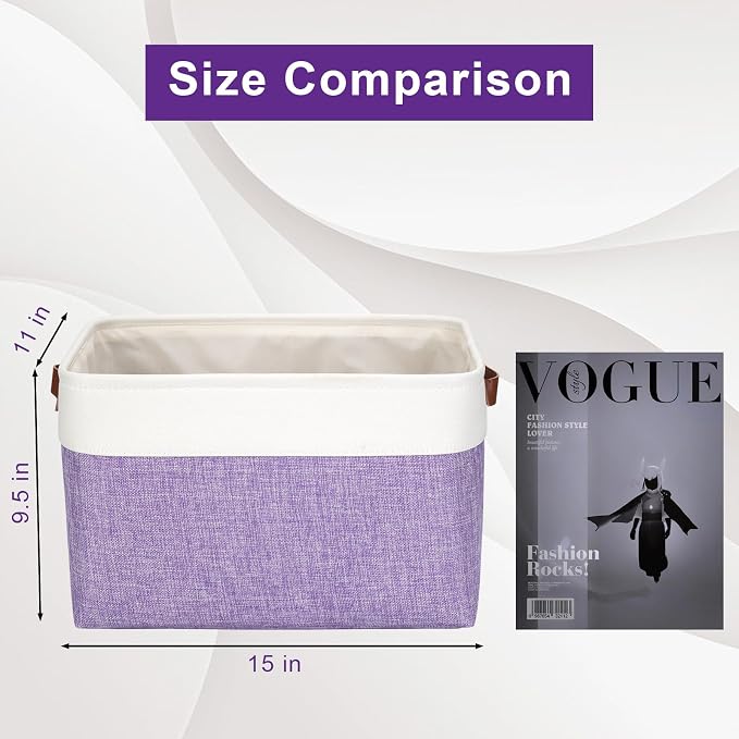 Storage Bins Large Fabric Storage Baskets for Shelves 3 Pack, Decorative Linen Closet Baskets with Handles for Organizing, Shelf, Clothes, Home, Office, 15x11x9.5Inches (Purple&White) - Image 3