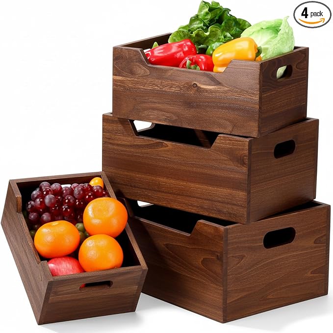 4 Pack Wood Crates Nesting Storage Baskets Decorative Farmhouse Wooden Organizer Crates Boxes with Open Front and Handle Rustic Nesting Baskets for Fruit Vegetable Kitchen Bathroom by Chunful