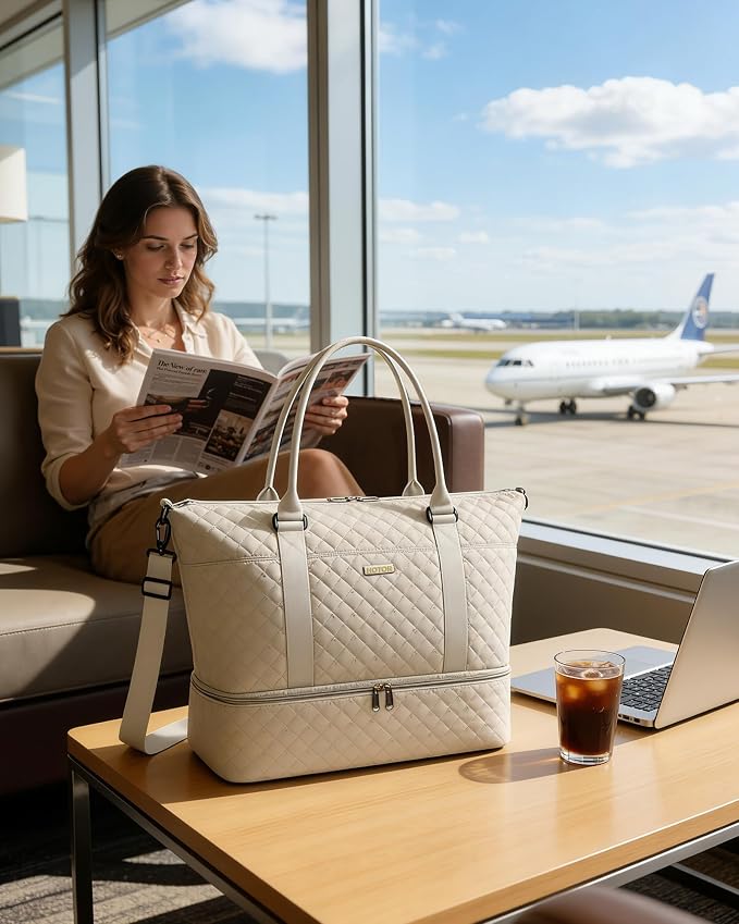 HOTOR Travel Duffel Bag - Weekender Bags for Women, Carry On Gym Tote Bags | with Toiletry Bag & Shoe Compartment, Overnight Bag for Travel Essentials and Travel Accessories, Beige, 15.8"×18.1"×8.7" - Image 3