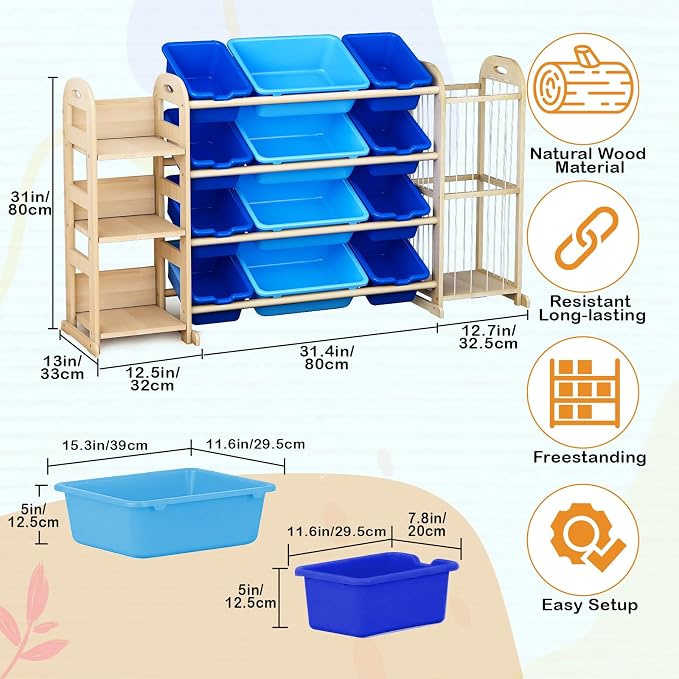Kids Toy Storage Organizer, Toy Organizers and Storage with Stuffed Animal Storage, Toy Storage Shelf with 3 Shelves, 12 Storage Bins, Kids Bookshelf, Toy Holder for Playrooms, Bedrooms, Blue - Image 2